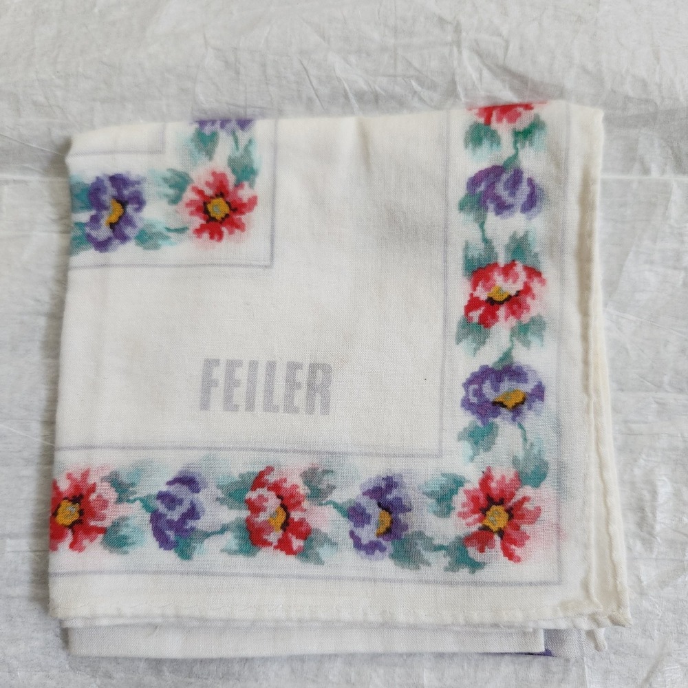 FEILER Germany Vintage Cotton Handkerchief Floral Border Print White 18x18 Large